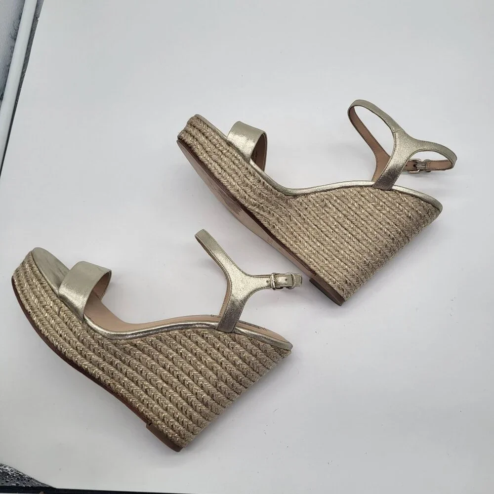 Badgley Mischka Womens SZ 10 Platform Straw Wedge Strappy Gold Metallic Sandals - Picture 6 of 13